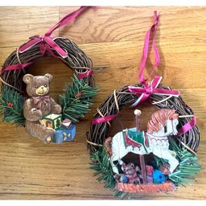 Vintage Russ Berrie Teddy Bear Carousel Horse Christmas Ornament Set Taiwan